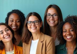 Professional photo of a diverse group of career trainers and educators smiling.