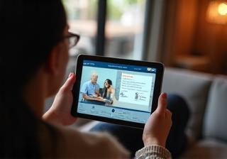 Person watching a video course on a tablet comfortably at home.