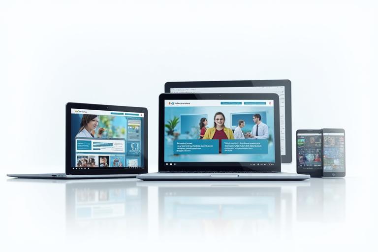 Various screens showing examples of career training video content on different devices.